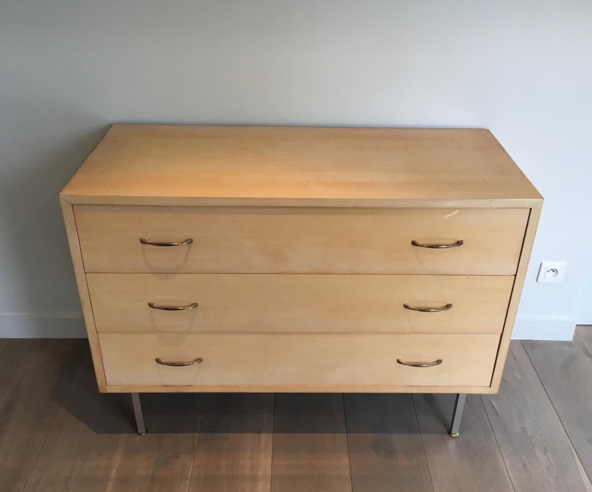 In The Style Of Knoll. Egg Shell Lacquered Commode With Brushed Steel Feet. French . Circa 1970-photo-2