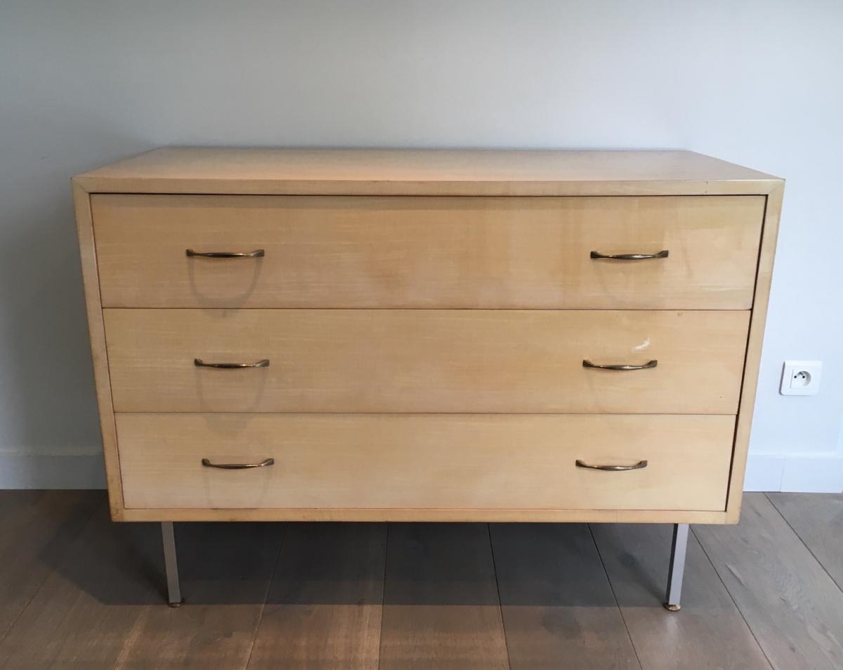 In The Style Of Knoll. Egg Shell Lacquered Commode With Brushed Steel Feet. French . Circa 1970-photo-3