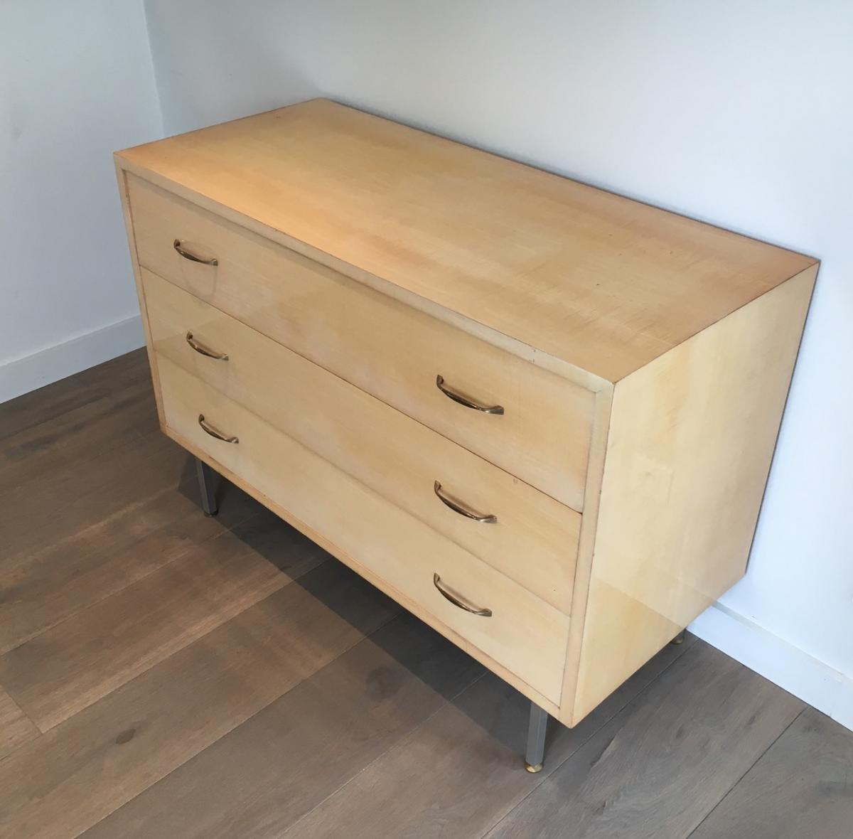 In The Style Of Knoll. Egg Shell Lacquered Commode With Brushed Steel Feet. French . Circa 1970-photo-7