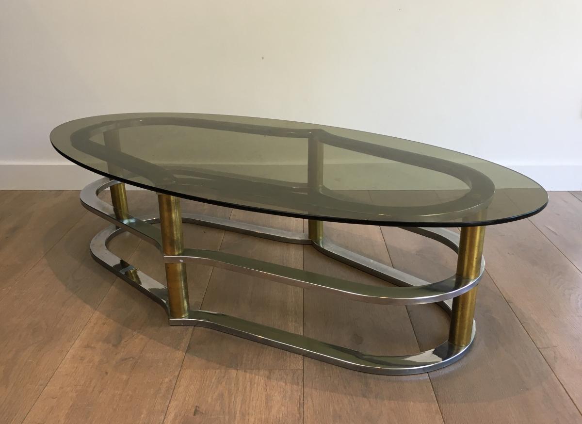 Table Basse Design En Laiton Doré Et Chrome;-photo-2