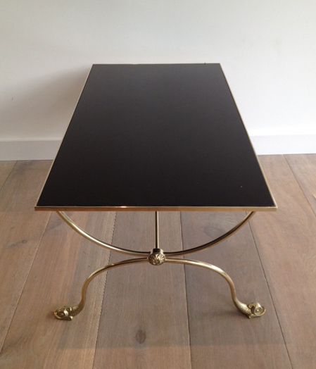 Brass Coffee Table With Dolphin Heads And Black Lacquered Glass Top.-photo-4