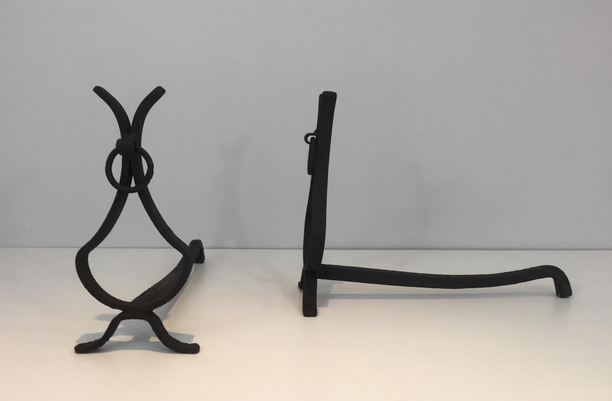 Pair Of Andirons Wrought Iron. Around 1940-photo-4