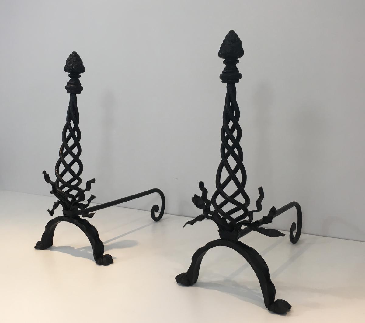 Pair Of Twisted Wrought Iron Andirons Topped With A Pine Apple.-photo-6