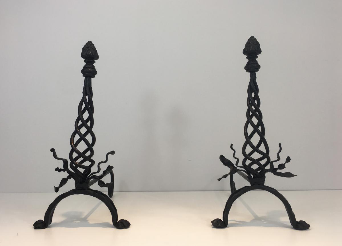 Pair Of Twisted Wrought Iron Andirons Topped With A Pine Apple.-photo-7