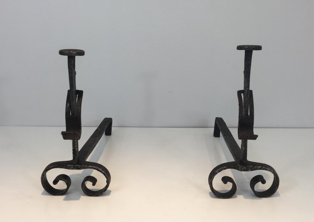 Pair Of Andirons Iron Wrought Iron. Nineteenth Century-photo-2