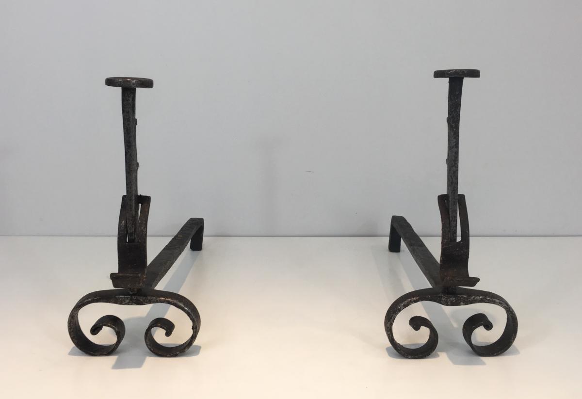 Pair Of Andirons Iron Wrought Iron. Nineteenth Century-photo-1