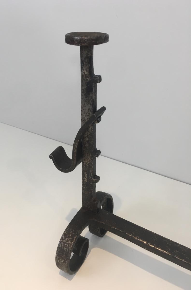 Pair Of Andirons Iron Wrought Iron. Nineteenth Century-photo-8