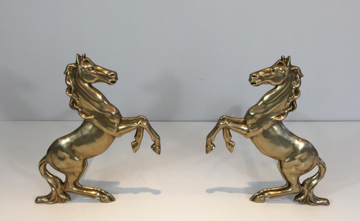  Pair Of Brass Horses Andirons. French. Circa 1970 -photo-4