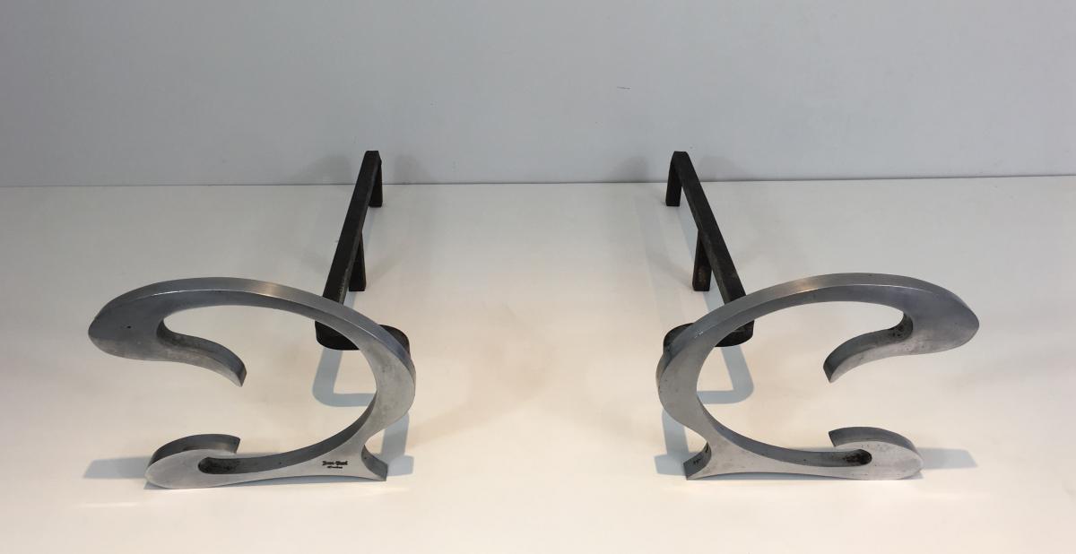 Pair Of Andirons Design Brushed Steel And Wrought Iron.-photo-3