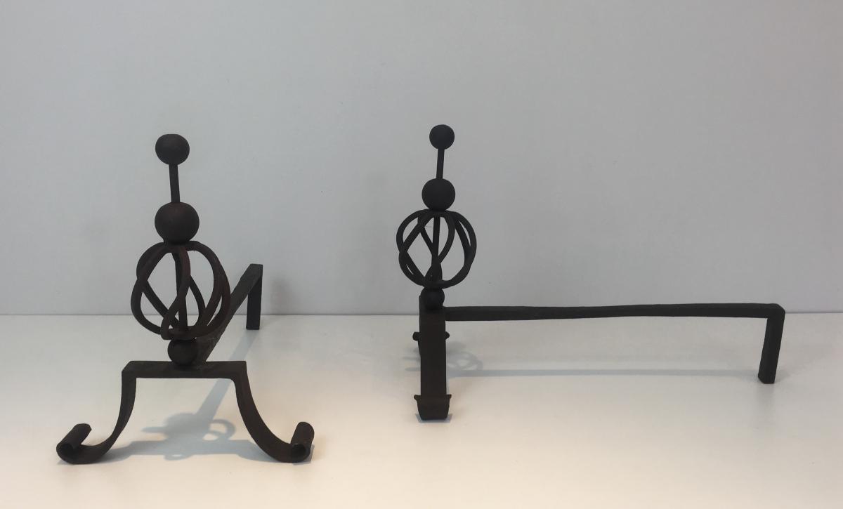 Pair Of Andirons Wrought Iron. Around 1940-photo-4