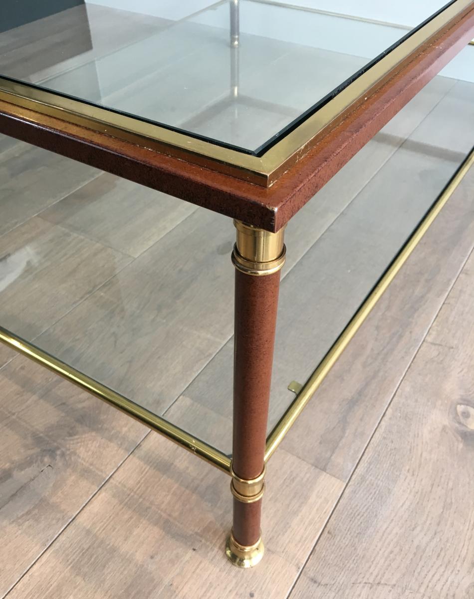 Elegant Large Burgundy Lacquered And Brass Coffee Table With 2 Glass Shelves. Circa 1960 -photo-6