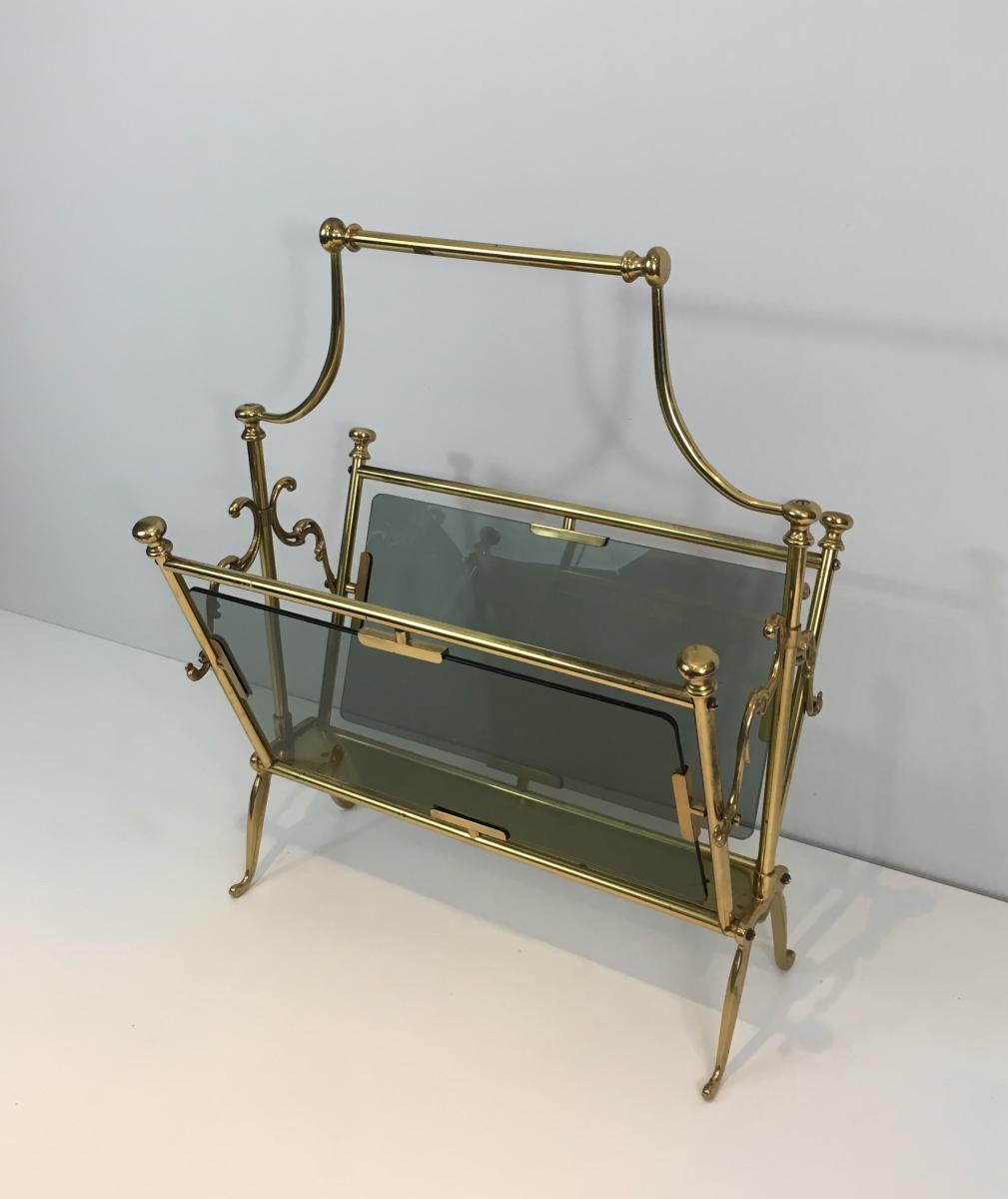 Neoclassical Brass Magazine Rack With Blueish Glass Panels. French. Circa 1960 -photo-2