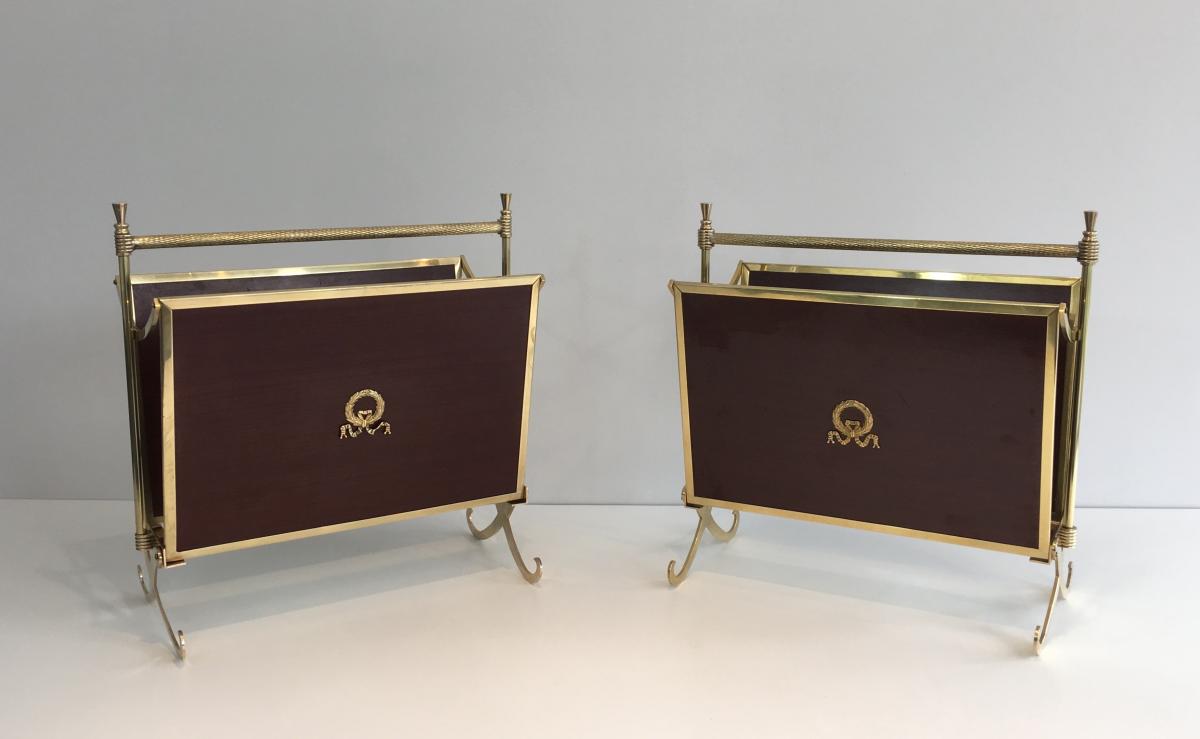 Attributed To Maison Jansen. Rare Pair Of Neoclassical Mahogany And Brass Magazine Racks. Circa-photo-4