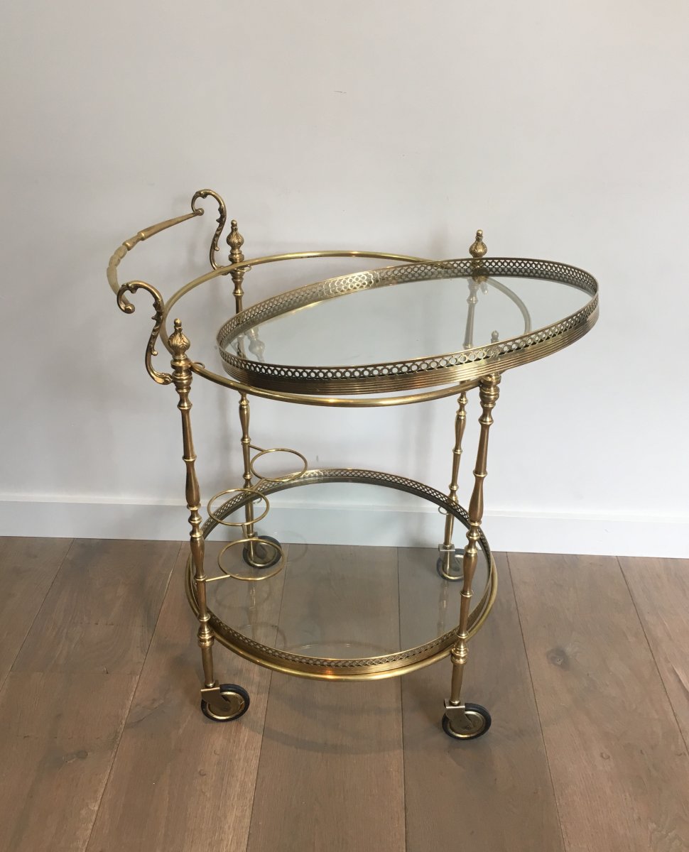 Attributed To Maison Jansen. Neoclassical Style Brass Trolley With Glass Trays. French. Circa 1-photo-1