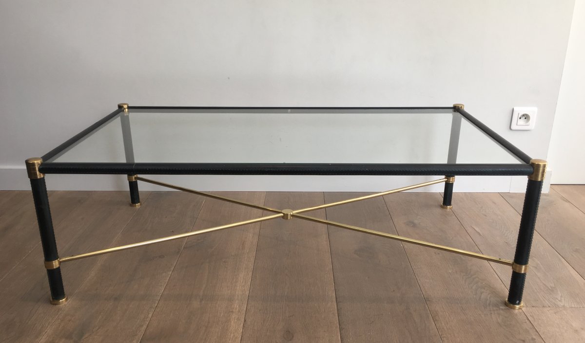 In The Style Of Jacques Adnet. Rectangular Brass And Black Lacquered Coffee Table. French. Circ-photo-2