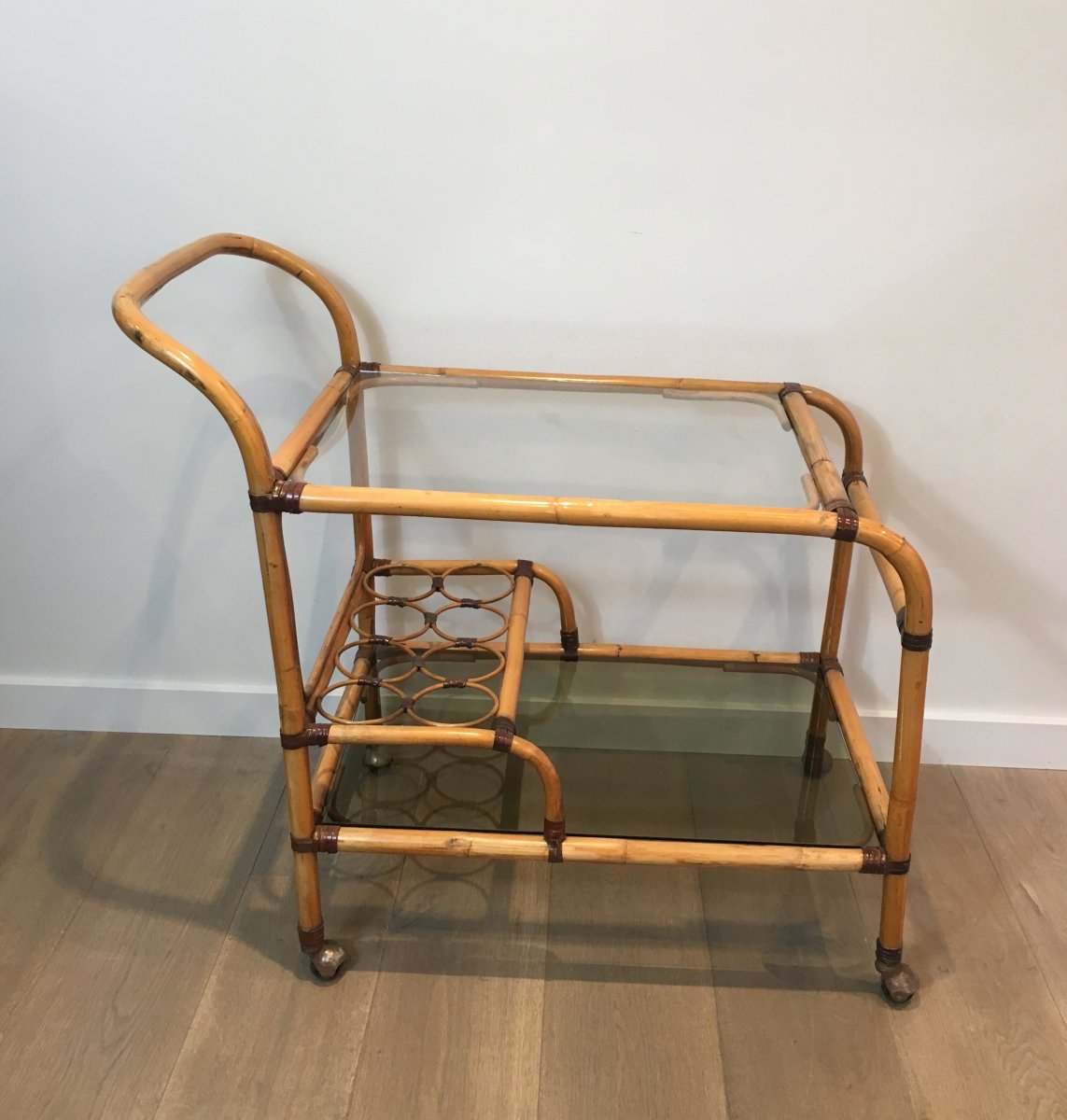 Interesting Ratan Drinks Trolley With Leather Links. French. Circa 1950-photo-3