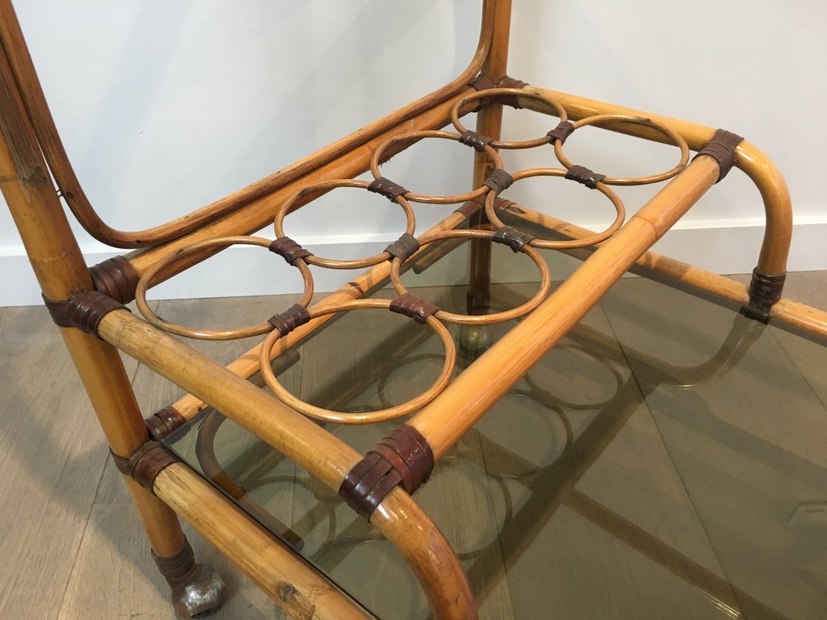 Interesting Ratan Drinks Trolley With Leather Links. French. Circa 1950-photo-3