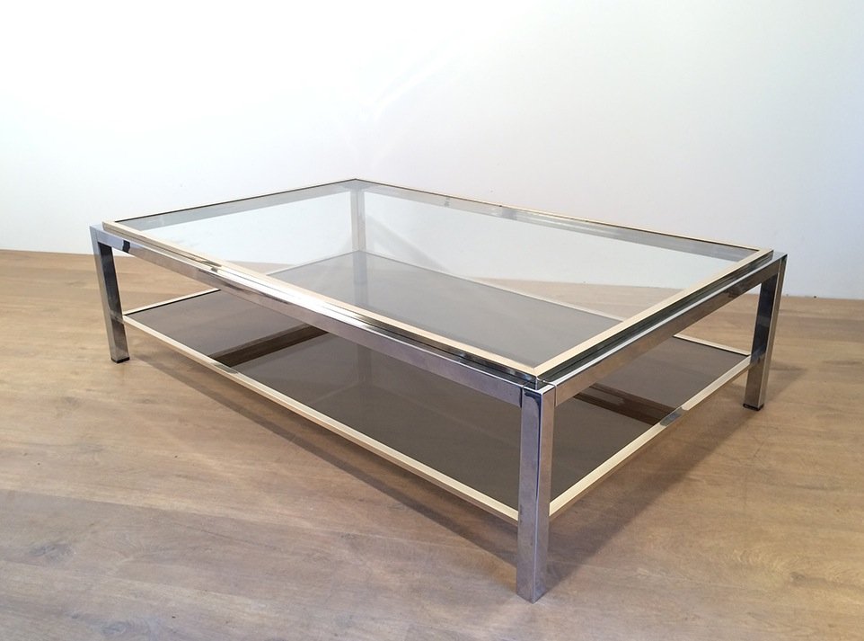 Large Chrome And Brass Coffee Table  Attributed To Willy Rizzo. Circa 1970-photo-5