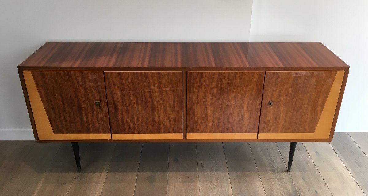 Four Doors Sapelli Mahogany And Sycamore Sideboard On A Black Lacquered Wood Base With Brass Elements. Italian. Circa 1960-photo-2