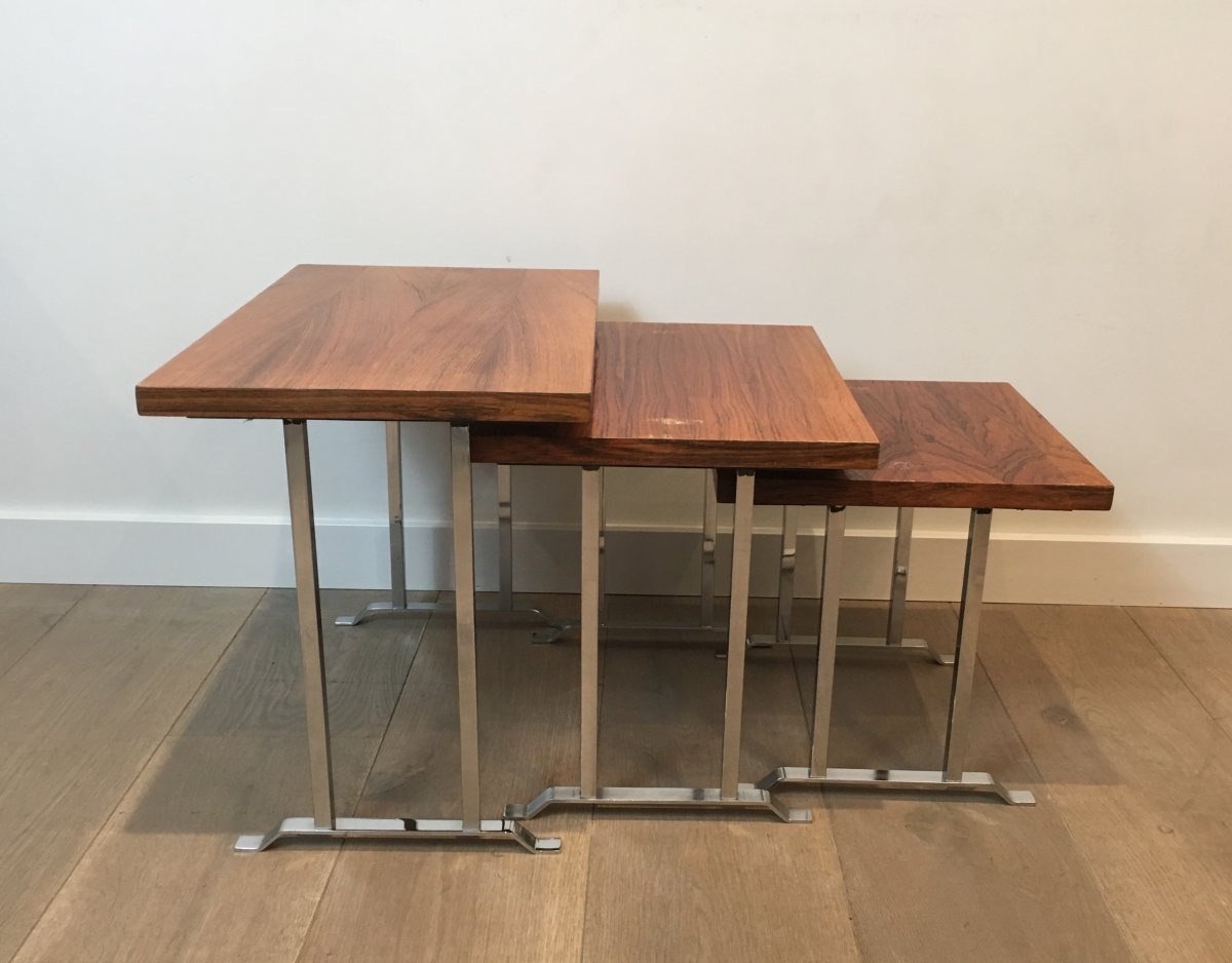 Set Of 3 Exotic Wood And Chrome Nesting Tables. French. Circa 1970-photo-7