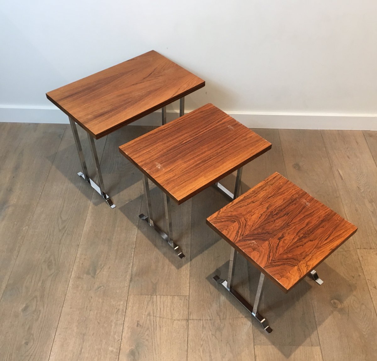 Set Of 3 Exotic Wood And Chrome Nesting Tables. French. Circa 1970-photo-8