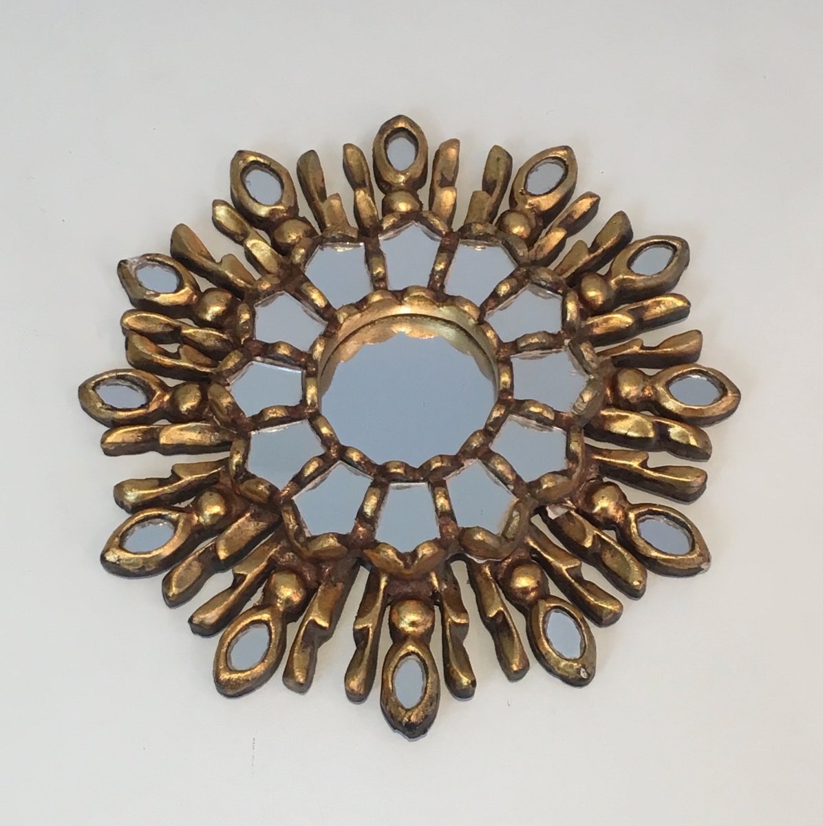 Very Small Gilt Wood Sunburst Mirror. Italian. Circa 1970-photo-3