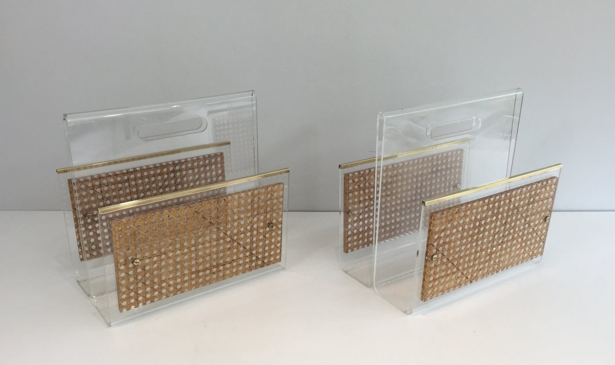 Pair Of Lucite, Brass And Cane Magazine Racks. In The Style Of Christian Dior And Gabriella Crespi. -photo-8