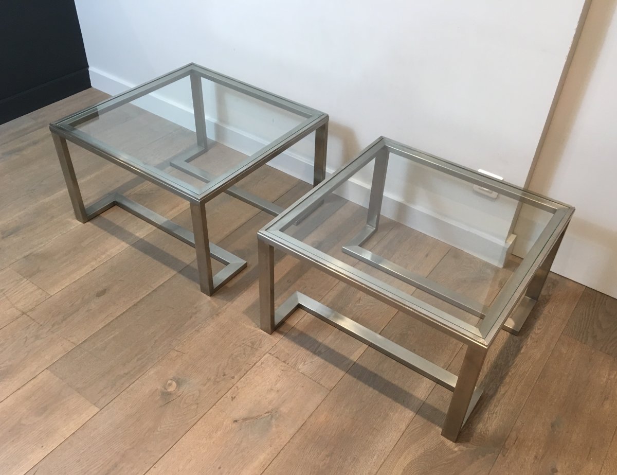 Pair Of Design Brushed Steel Side Tables. French. Circa 1970-photo-4