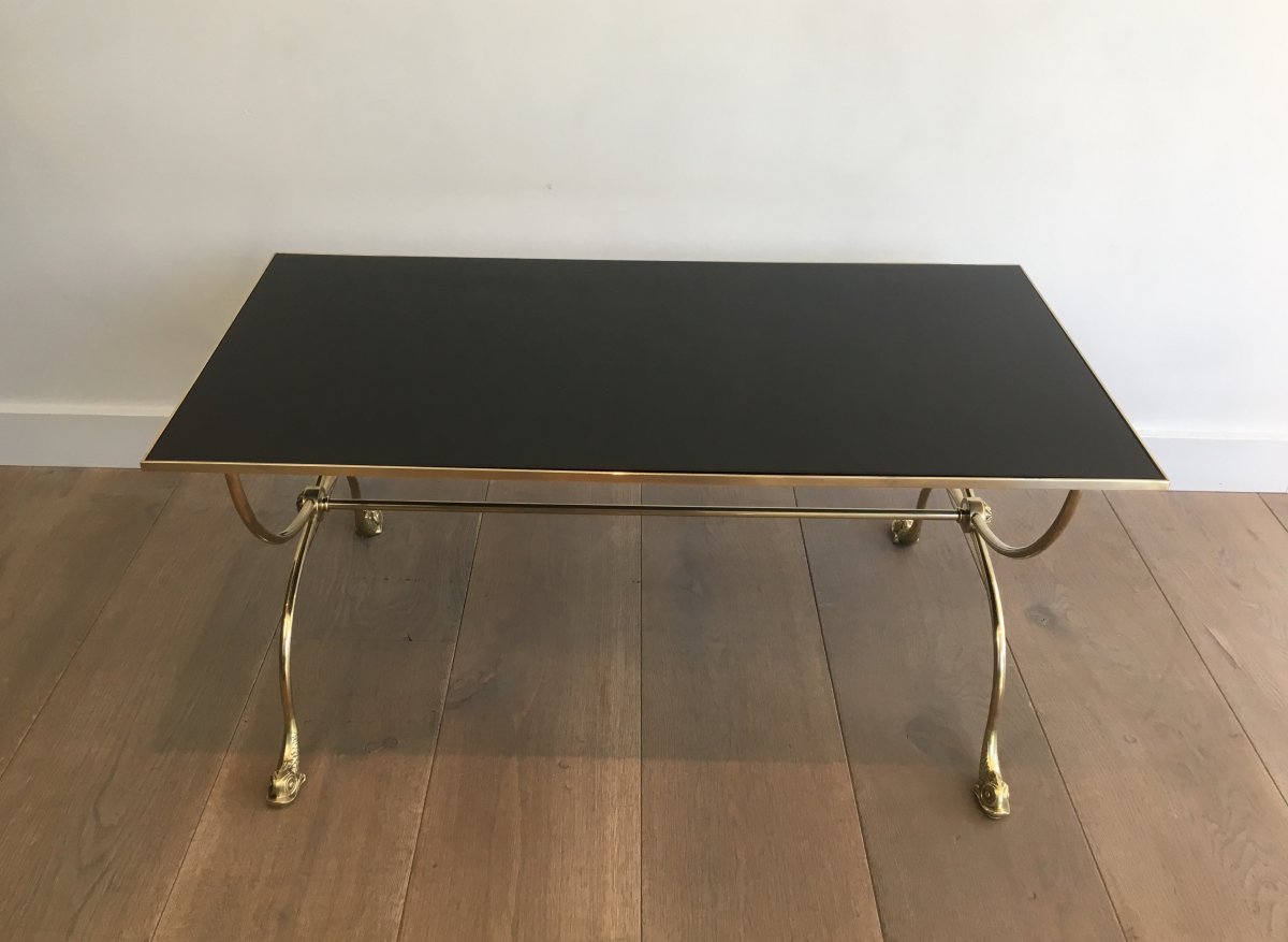 Maison Jansen. Neoclassical Style Brass Coffee Table With Dolphin Heads & Black Lacquered Glass-photo-2