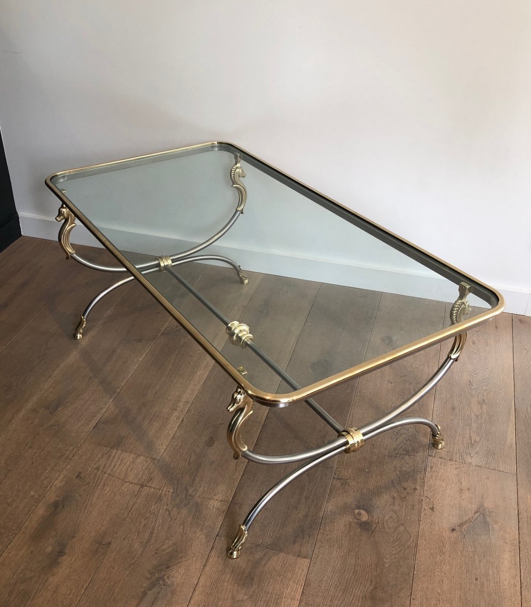 Large Brushed Steel And Brass Coffee Table With Horse Heads In The Style Of Maison Jansen. -photo-2