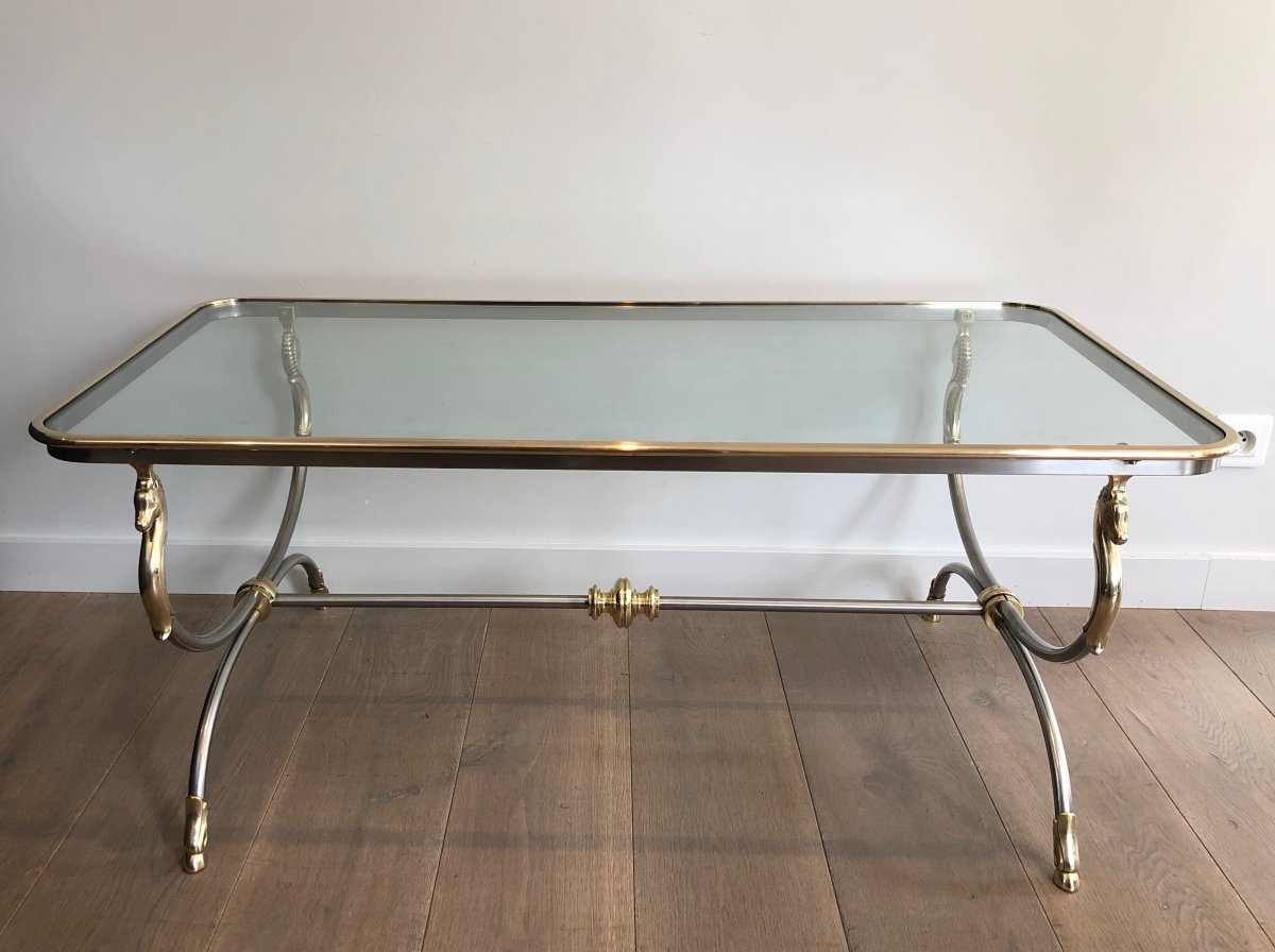 Large Brushed Steel And Brass Coffee Table With Horse Heads In The Style Of Maison Jansen. -photo-3