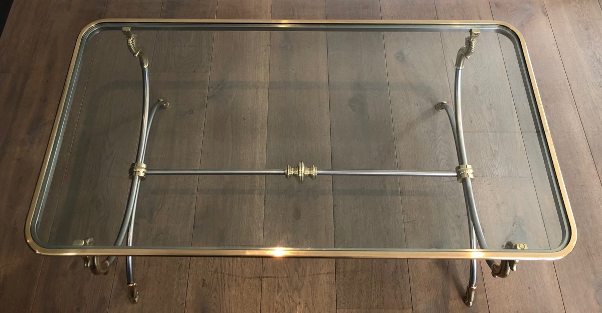 Large Brushed Steel And Brass Coffee Table With Horse Heads In The Style Of Maison Jansen. -photo-6