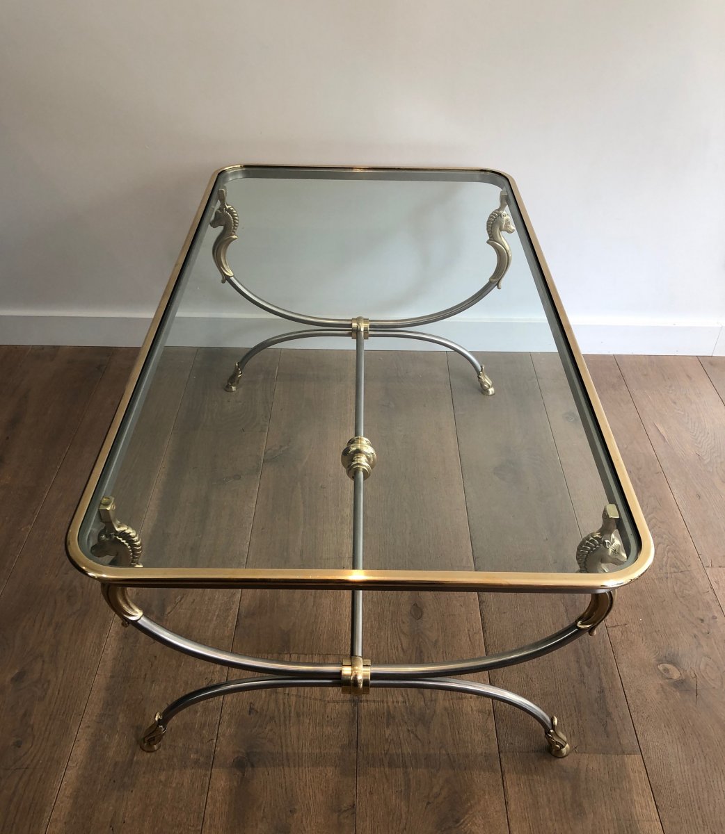 Large Brushed Steel And Brass Coffee Table With Horse Heads In The Style Of Maison Jansen. -photo-7