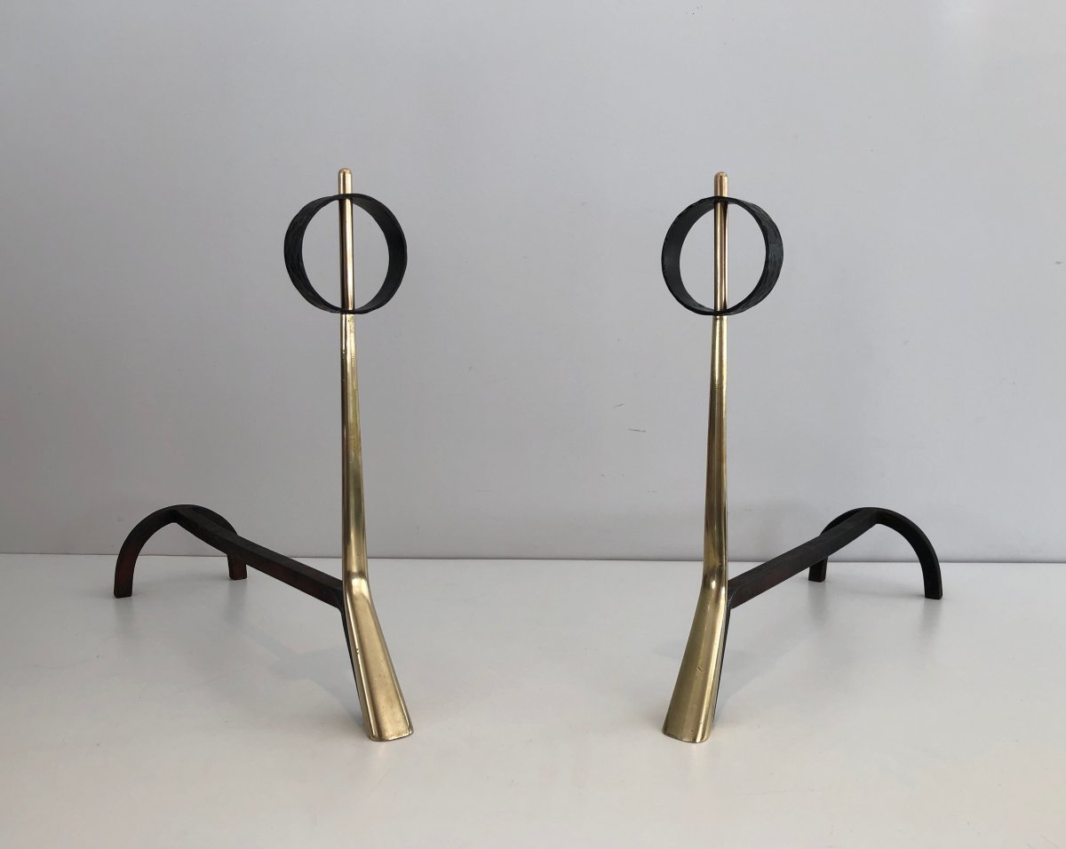 Pair Of Modernist Bronze And Wrought Iron Andirons. Italian. Circa 1950-photo-3