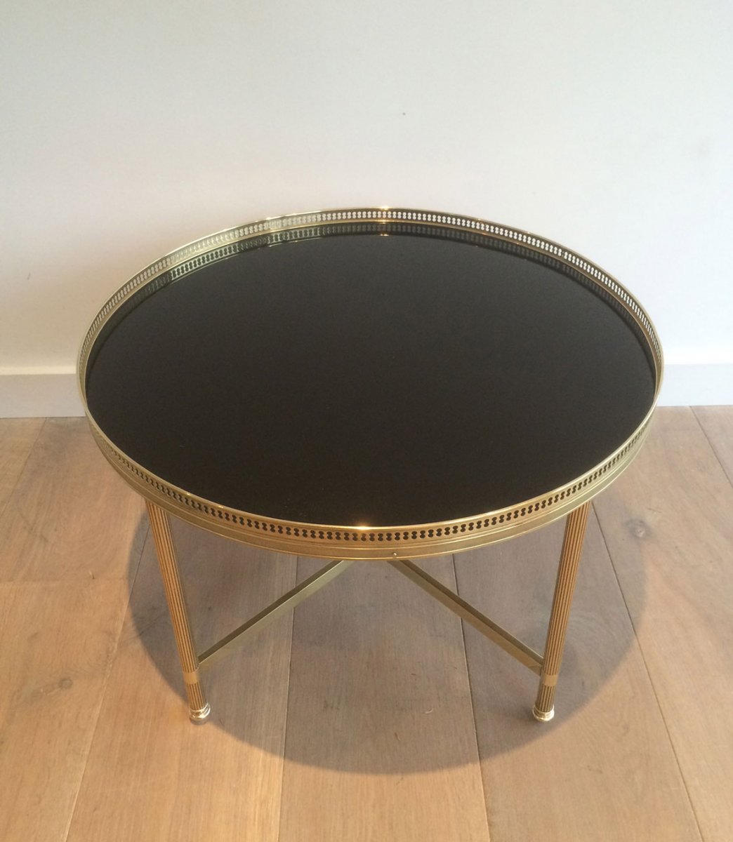 Maison Bagués. Neoclassical Style Round Brass Coffee Table With Black Lacquered Top. Circa 1940-photo-8