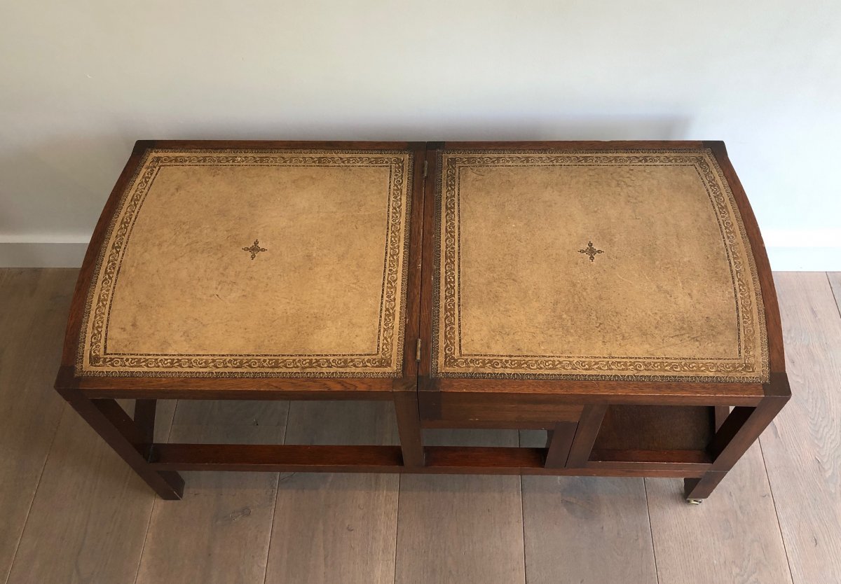 Escabeau De Bibliothèque En Bois Et Cuir Pliant Et Transformable En Table Basse. Vers 1950-photo-1