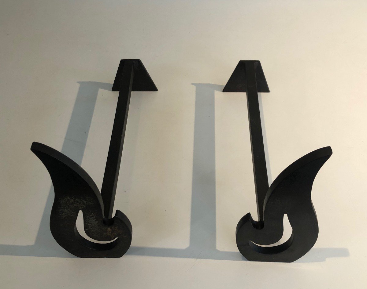 Pair Of Modernist Steel And Wrought Iron Flame Andirons. French. Circa 1970-photo-6