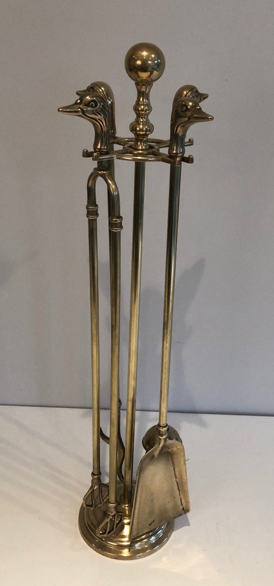 Neoclassical Style Brass Duck Heads Fire Place Tools. French. Circa 1970-photo-2