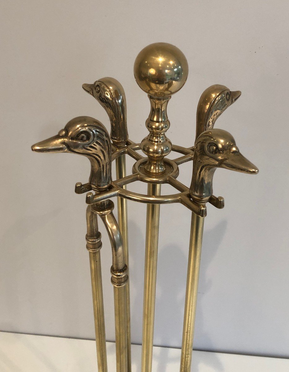 Neoclassical Style Brass Duck Heads Fire Place Tools. French. Circa 1970-photo-3