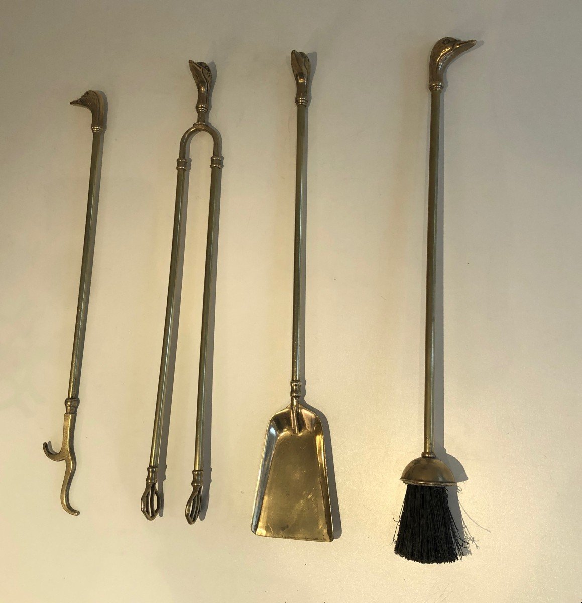 Neoclassical Style Brass Duck Heads Fire Place Tools. French. Circa 1970-photo-2