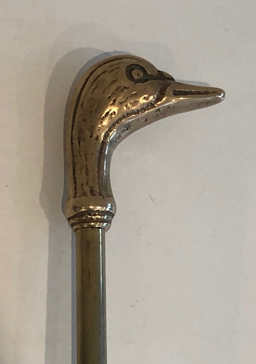 Neoclassical Style Brass Duck Heads Fire Place Tools. French. Circa 1970-photo-3