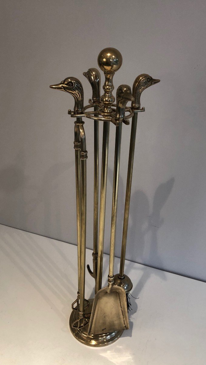 Neoclassical Style Brass Duck Heads Fire Place Tools. French. Circa 1970