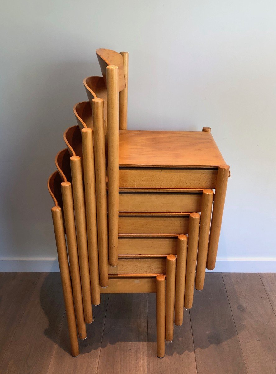 Set Of 6 Stackable Pine Chairs. German Work By Karl Klipper. Circa 1970-photo-1