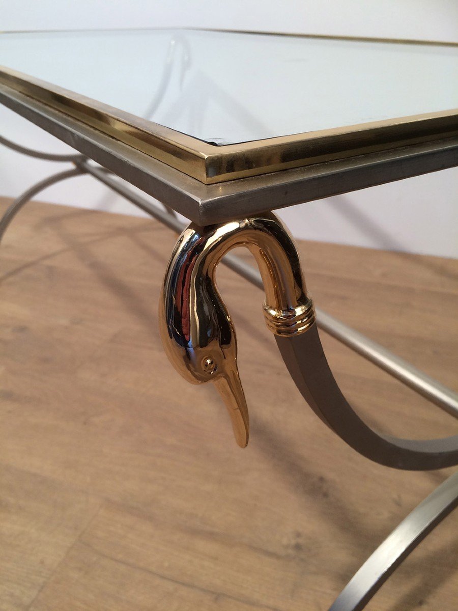 Brushed Steel And Brass Coffee Table With Swanheads And Feet. Maison Jansen. Circa 1970-photo-1