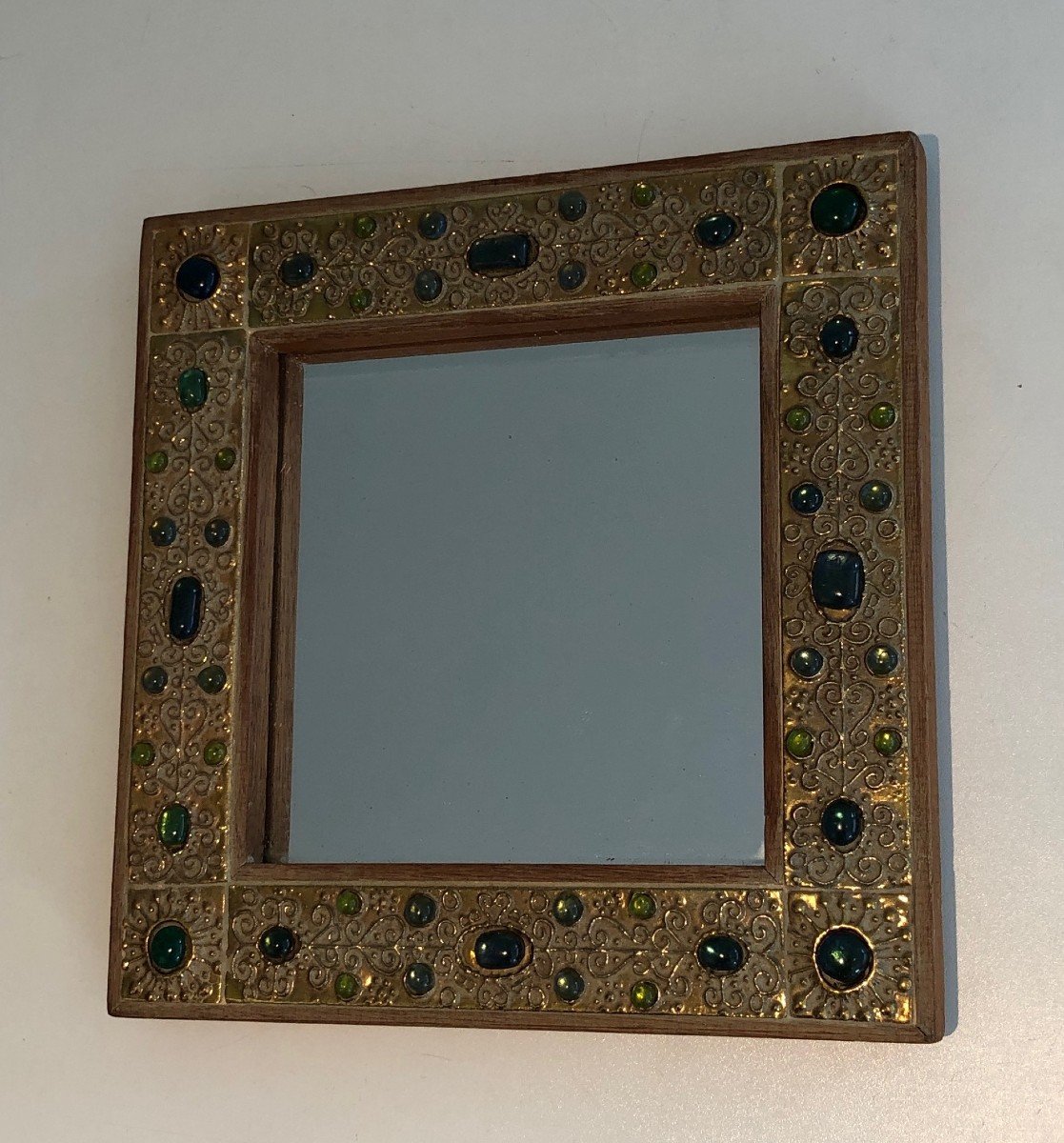 Small Decorative Mirror With Lucite Ornaments Imitating Stones. French. Circa 1970-photo-2