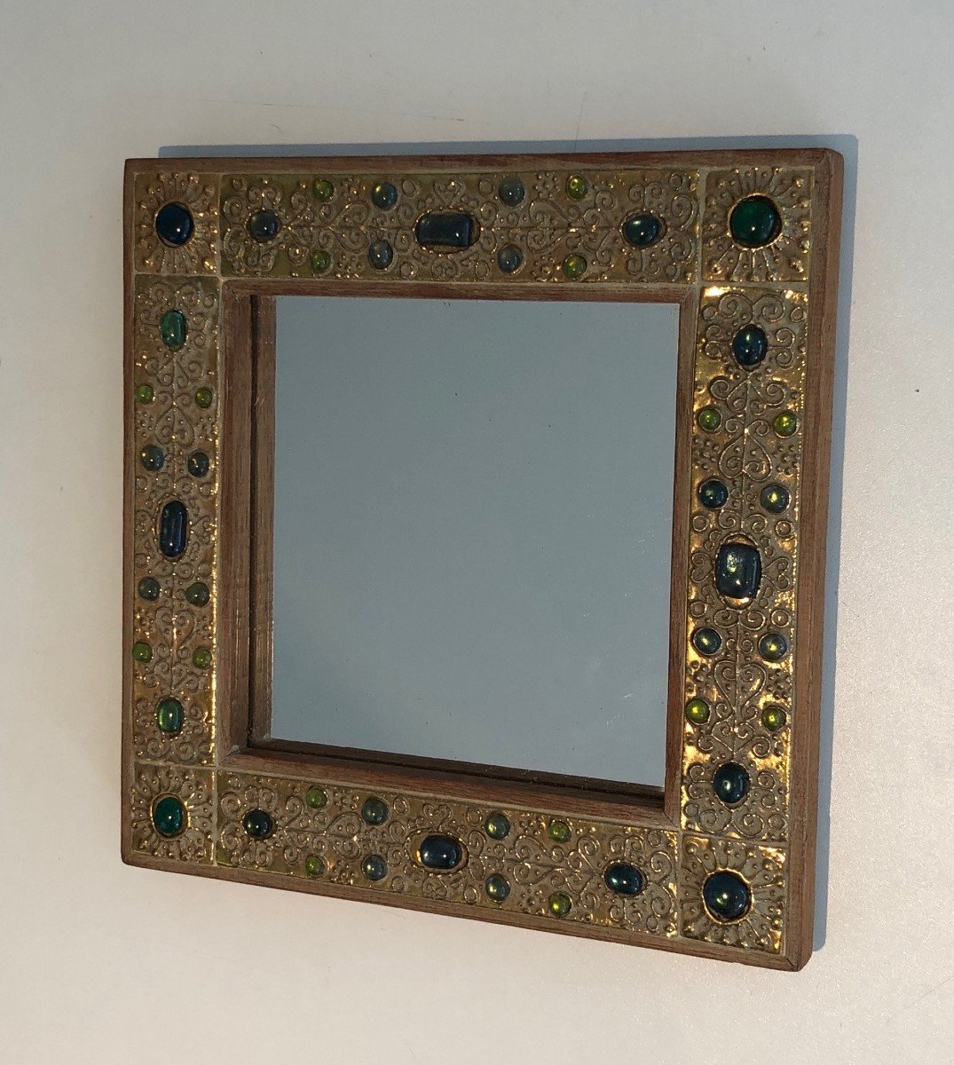 Small Decorative Mirror With Lucite Ornaments Imitating Stones. French. Circa 1970-photo-3