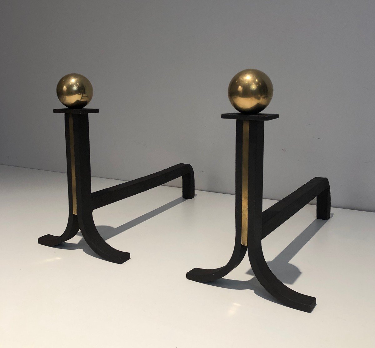 Pair Of Modernist Style, Iron And Brass Andirons. French Work,  In The Style Of Jacques Adnet-photo-3