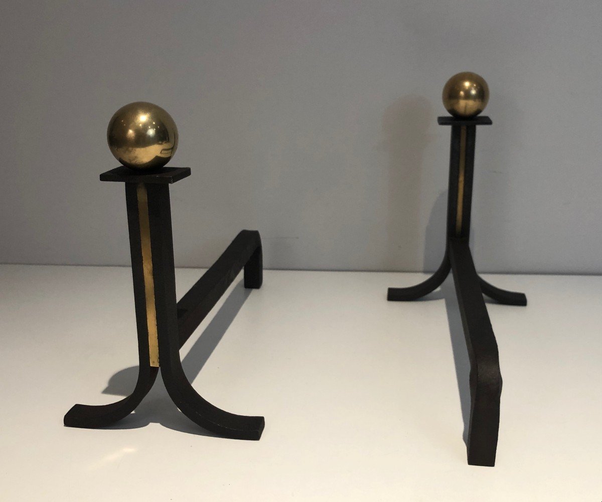 Pair Of Modernist Style, Iron And Brass Andirons. French Work,  In The Style Of Jacques Adnet-photo-5