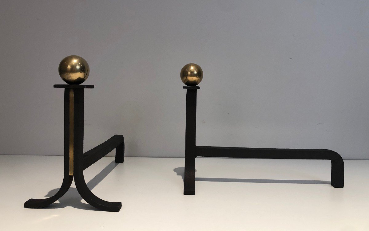 Pair Of Modernist Style, Iron And Brass Andirons. French Work,  In The Style Of Jacques Adnet-photo-6