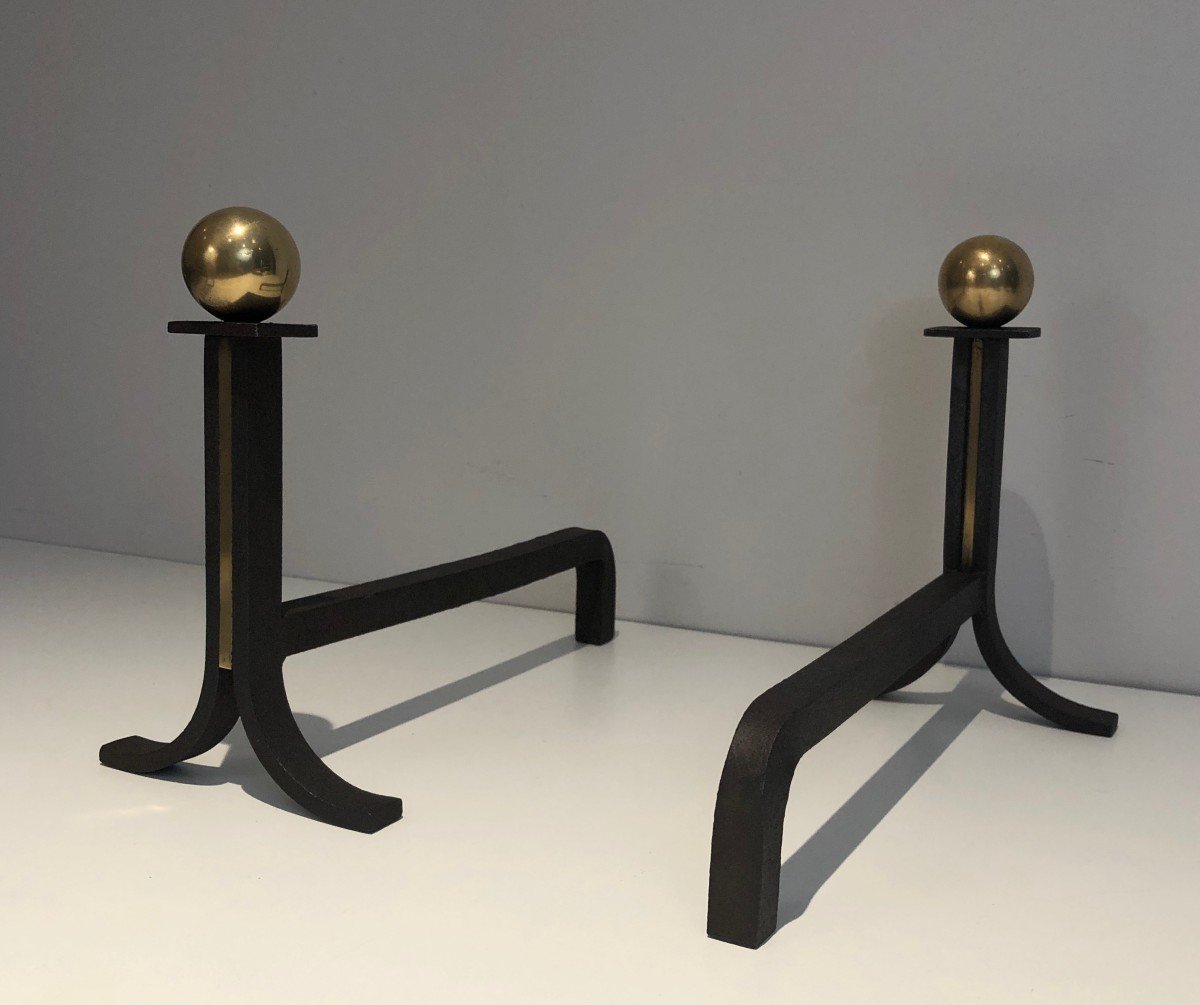 Pair Of Modernist Style, Iron And Brass Andirons. French Work,  In The Style Of Jacques Adnet-photo-7